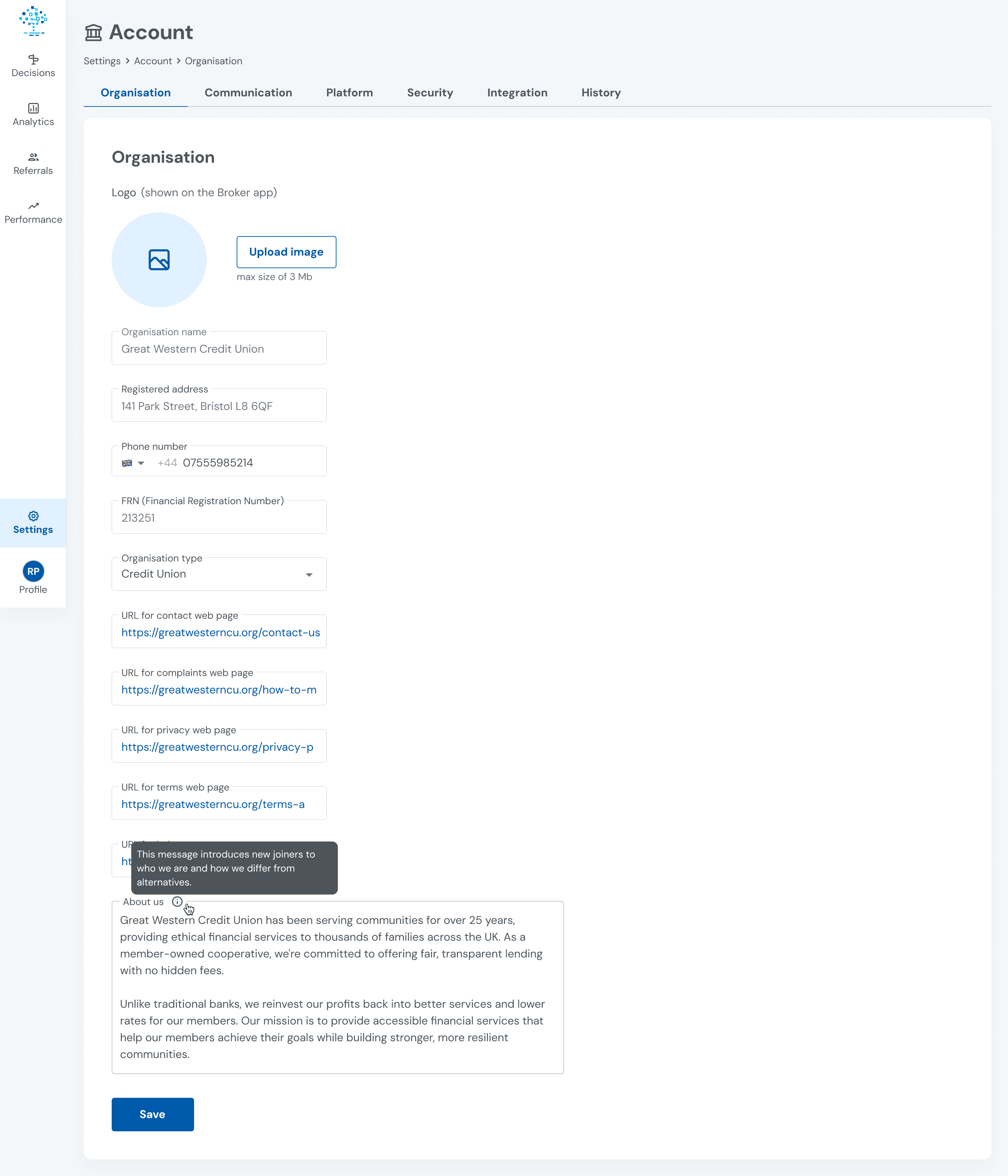 Credit union self-service dashboard showing organisation details, logo upload, and About Us section