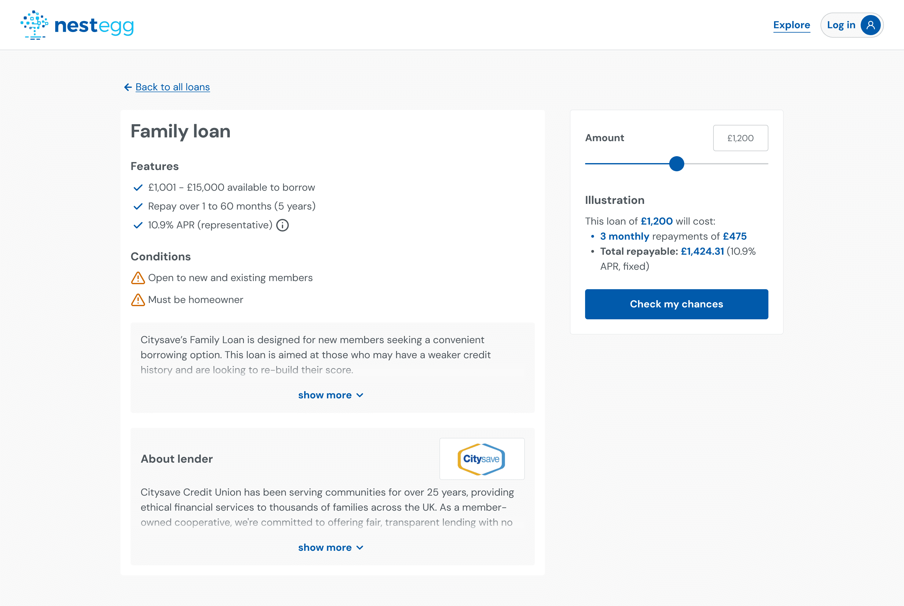 Credit union-branded lender page showing credit union logo, loan details, and About lender section