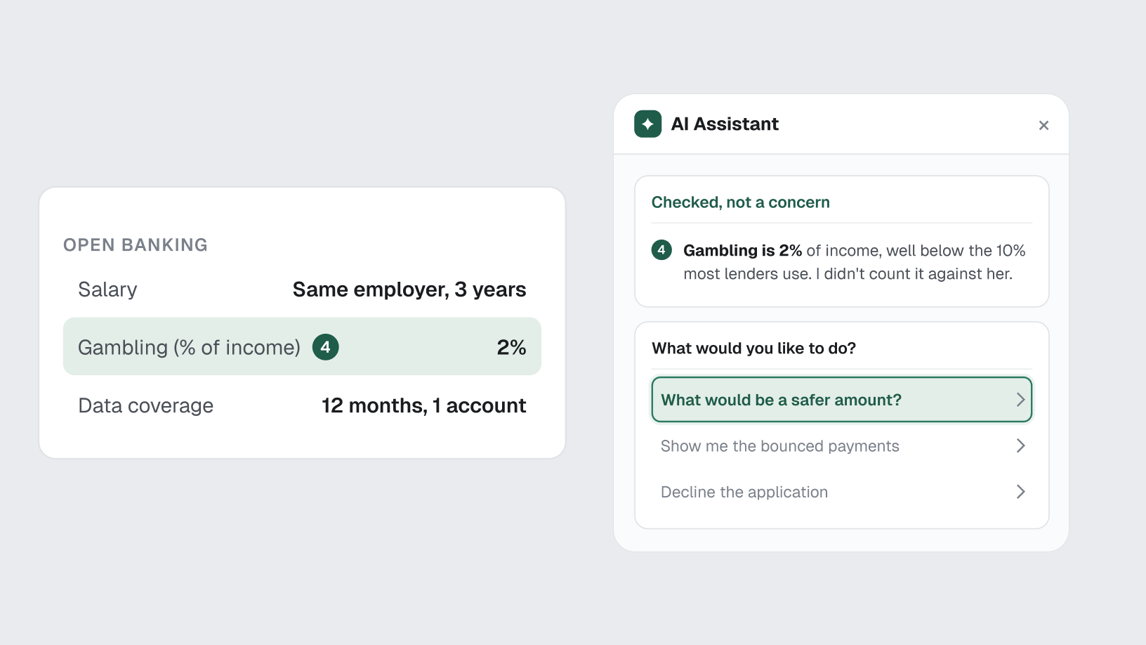 AI Assistant evidence marker 4 connects its explanation to the gambling figure in the application