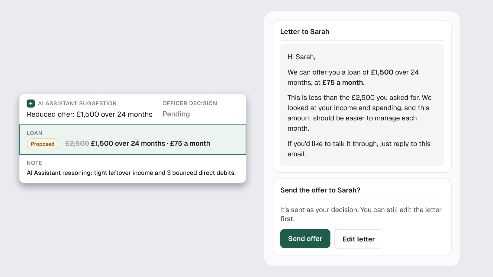AI Assistant shows a proposed reduced loan offer alongside the draft letter and officer confirmation controls