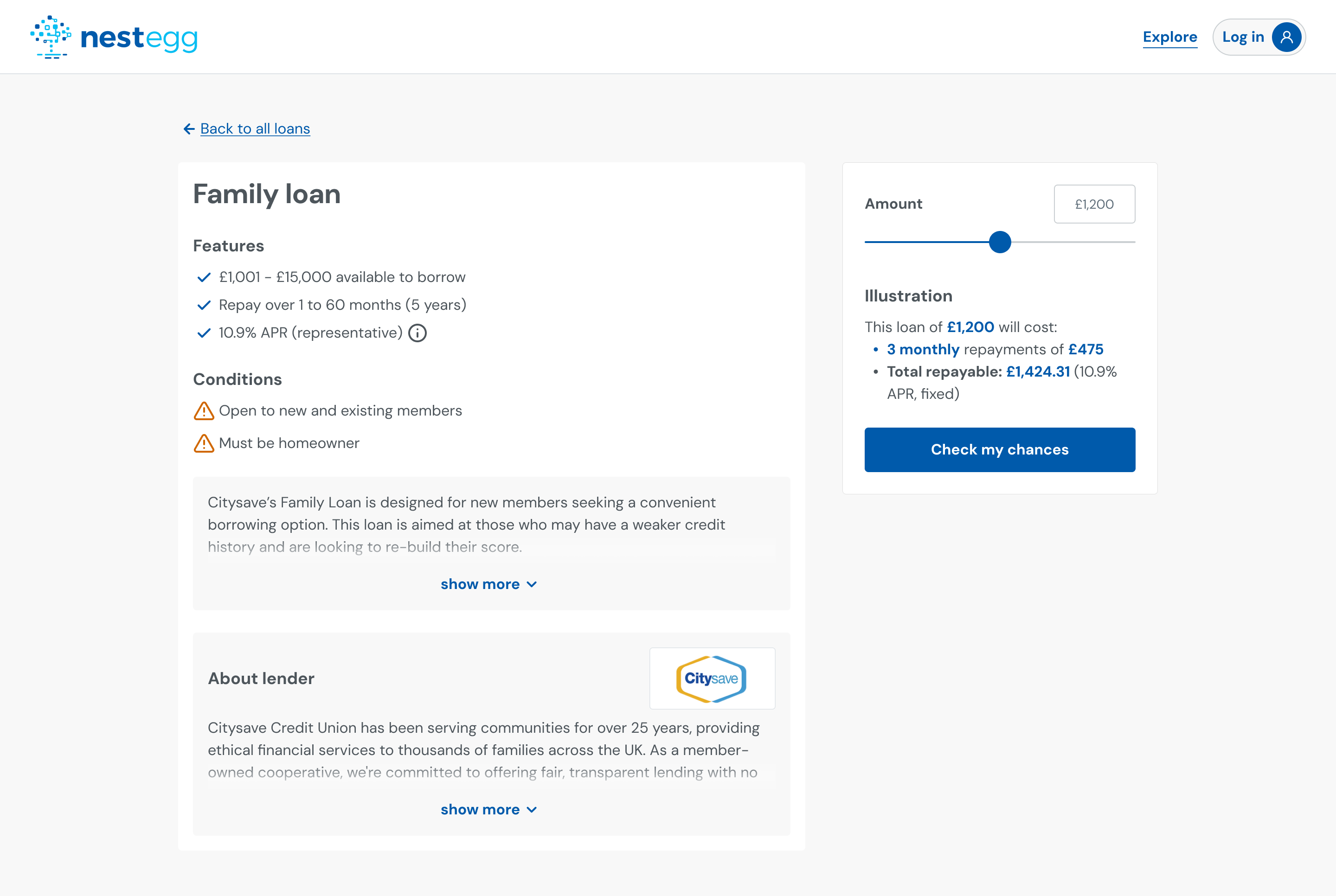 Credit union-branded lender page showing credit union logo, loan details, and About lender section