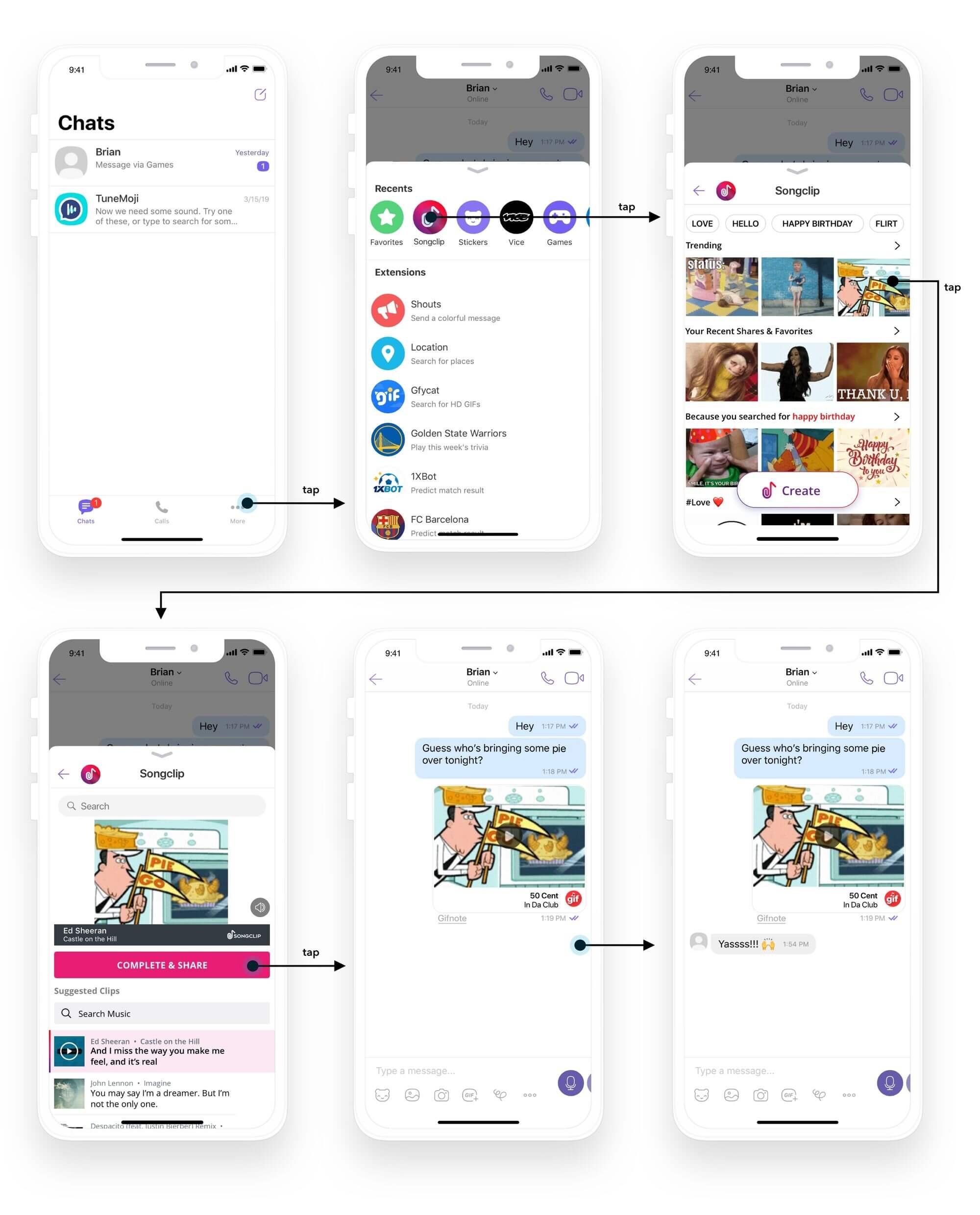 Viber flow from opening Songclip to sharing a clip in a conversation