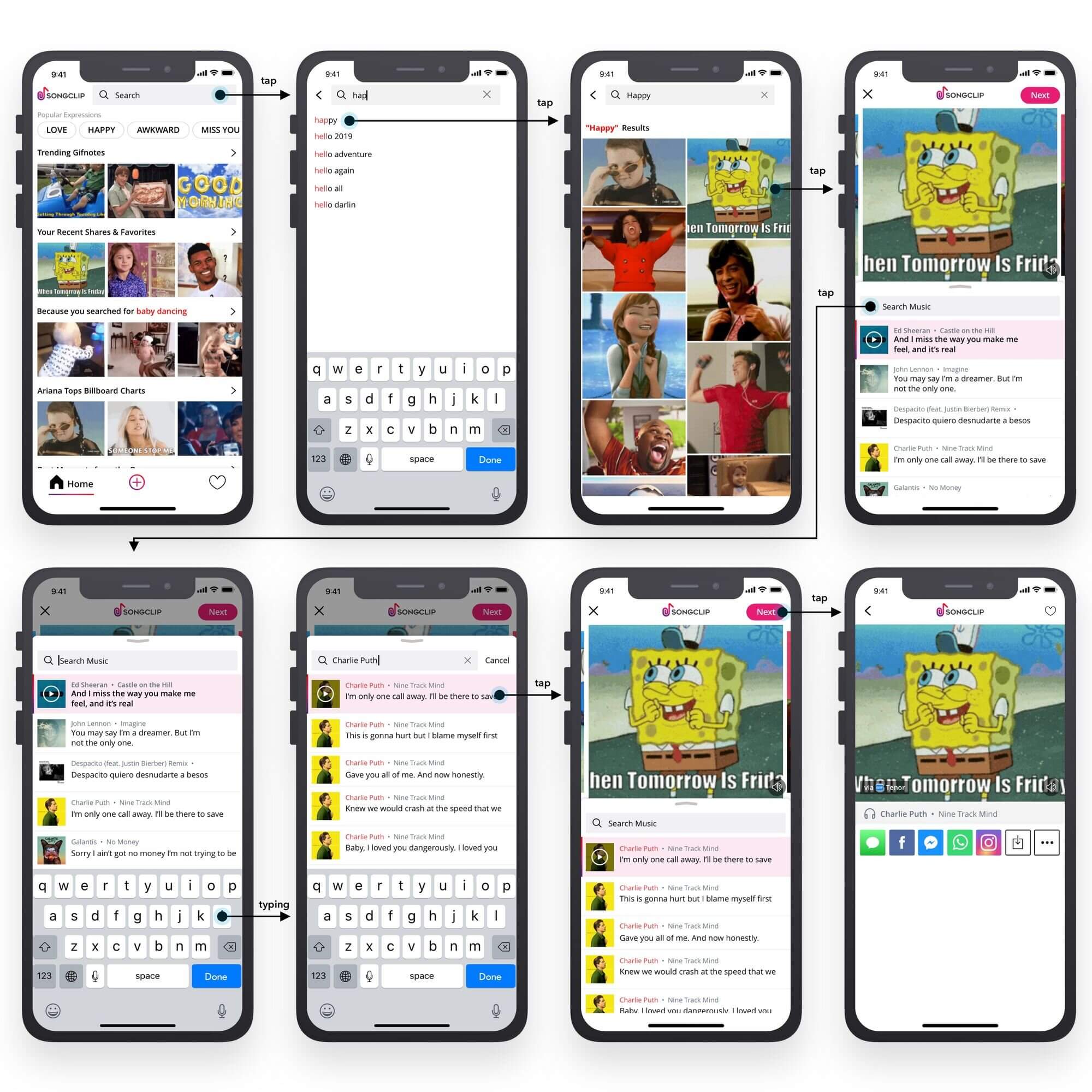 Final iOS flow from searching for a mood to selecting music and sharing