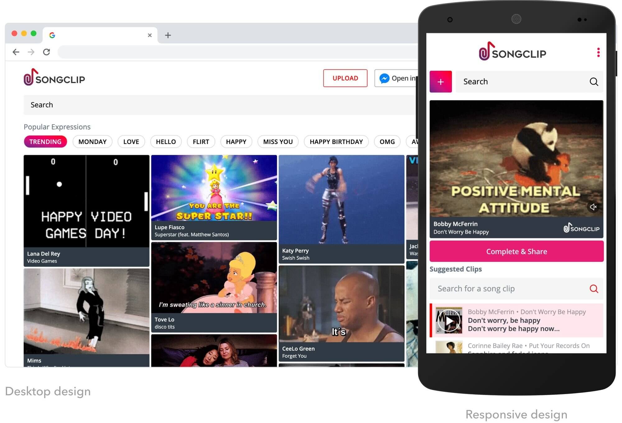 Songclip web experience on desktop and mobile