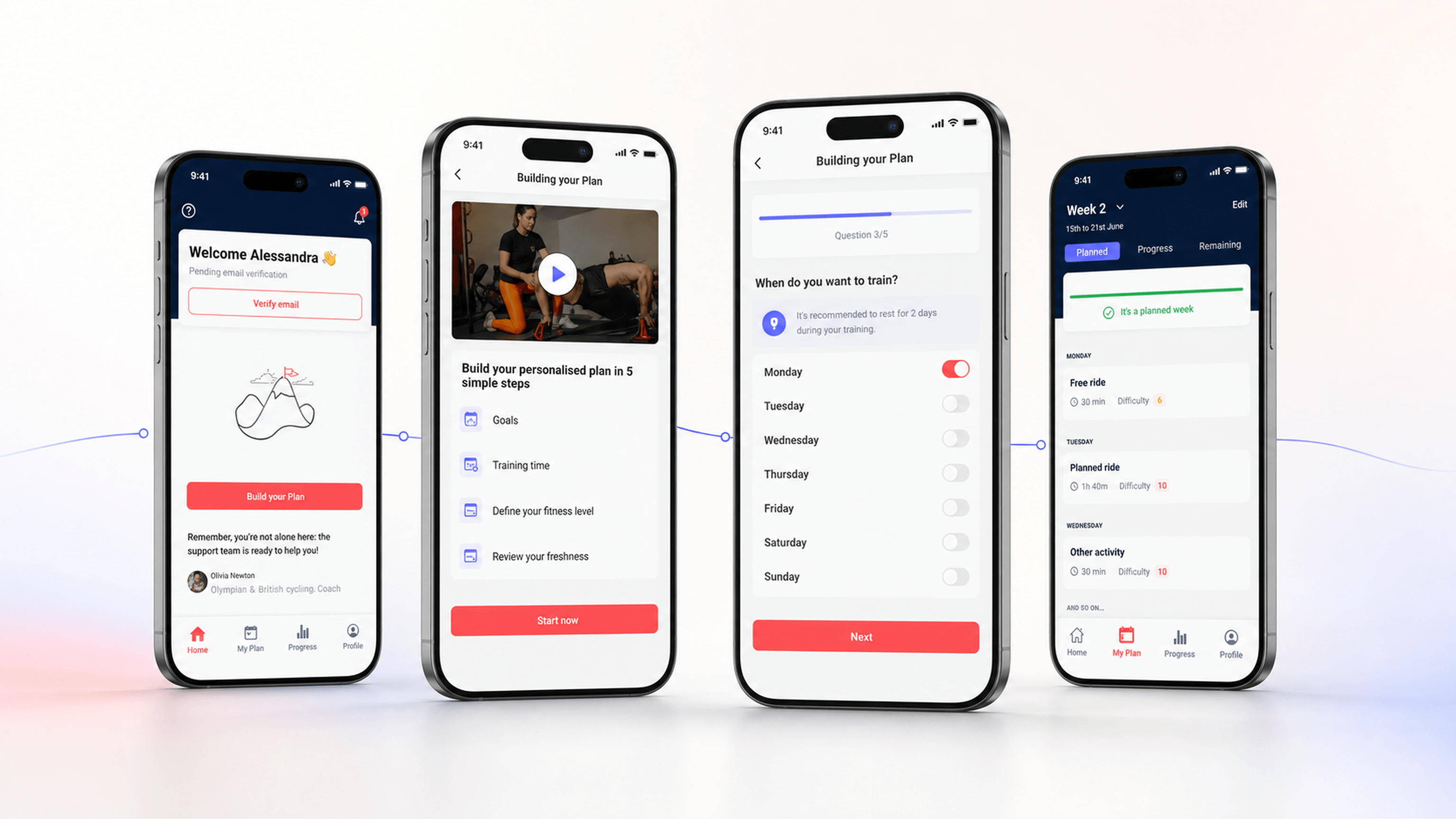 Original Spoked mobile designs showing the welcome screen, plan setup and weekly schedule