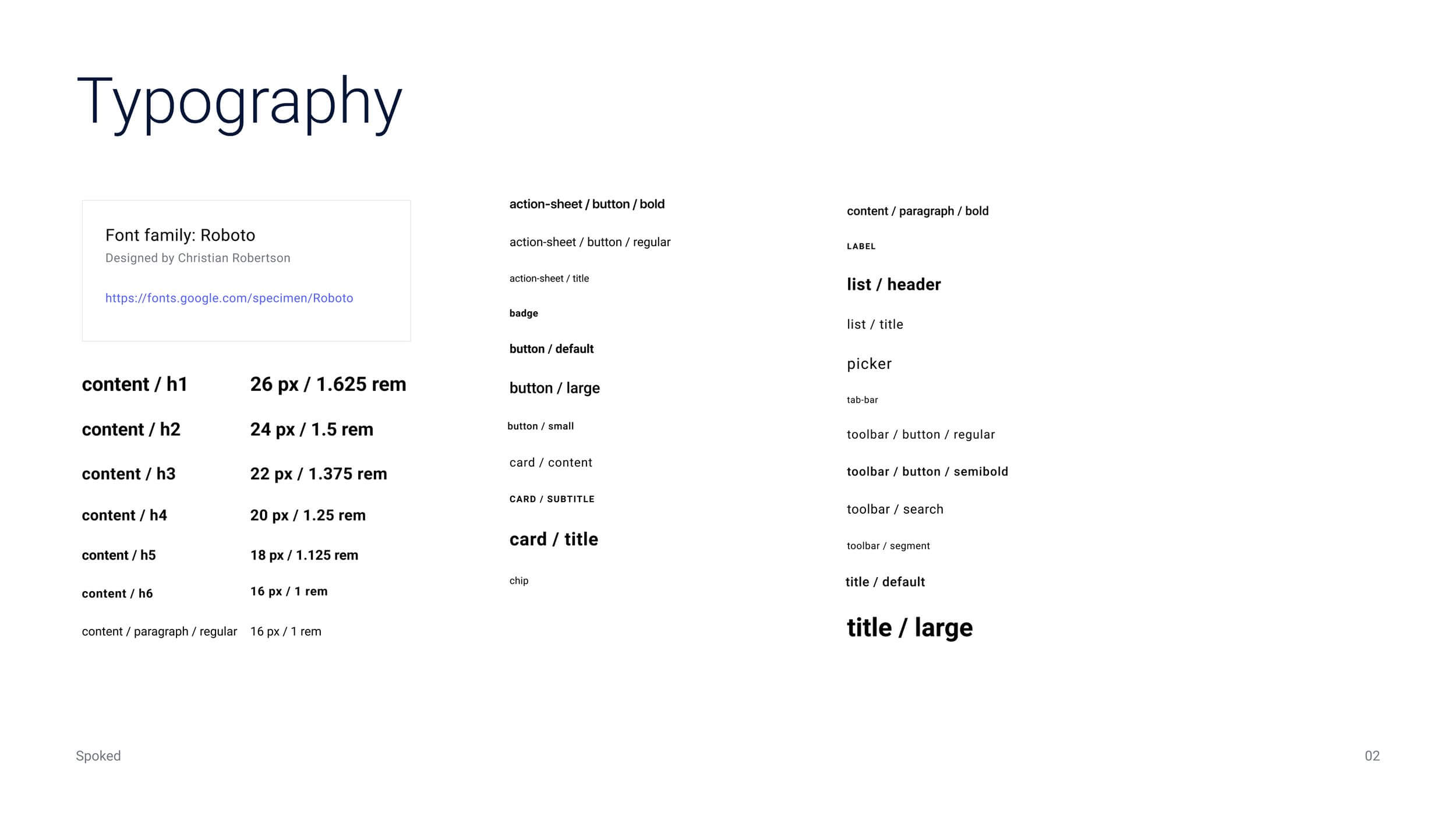 Spoked typography sheet showing Roboto and interface text styles